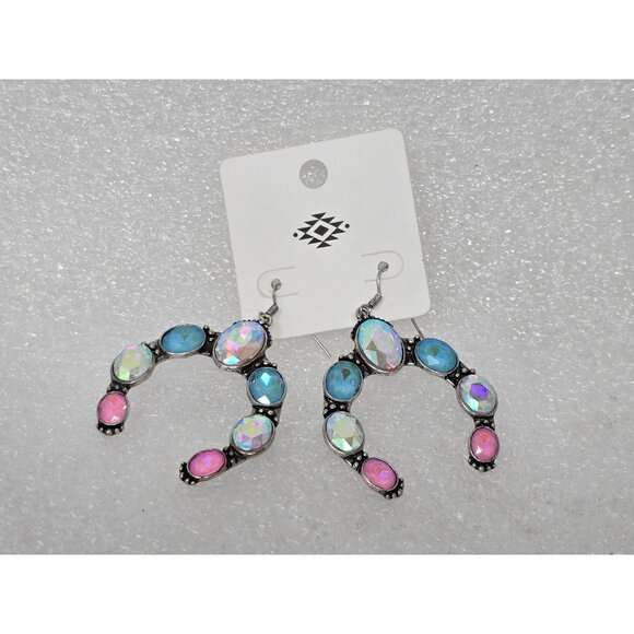Opalescent Blue & Pink Crystal Horseshoe Western Earrings - Picture 1 of 2